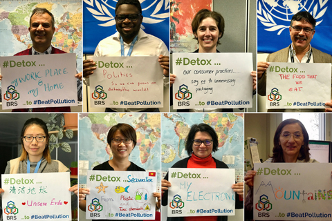 BRS staff members show their support for UNEA-3’s message to Beat Pollution